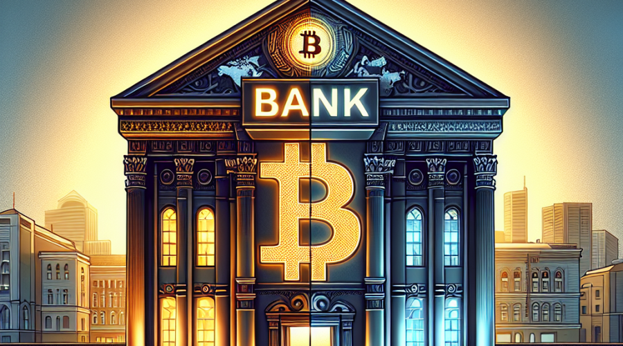 Certainly! Here’s a great SEO-optimized alt-text for your described image: **Alt-text:** Modern Russian bank building partially illuminated by a glowing Bitcoin symbol, representing careful adoption of cryptocurrency in traditional finance, overlaid with a subtle world map for global context; clean digital illustration with dynamic orange, dark blue, and midnight blue gradient background, ideal for fintech or financial regulation blog. Feel free to let me know if you’d like this tailored for a specific keyword or use case!