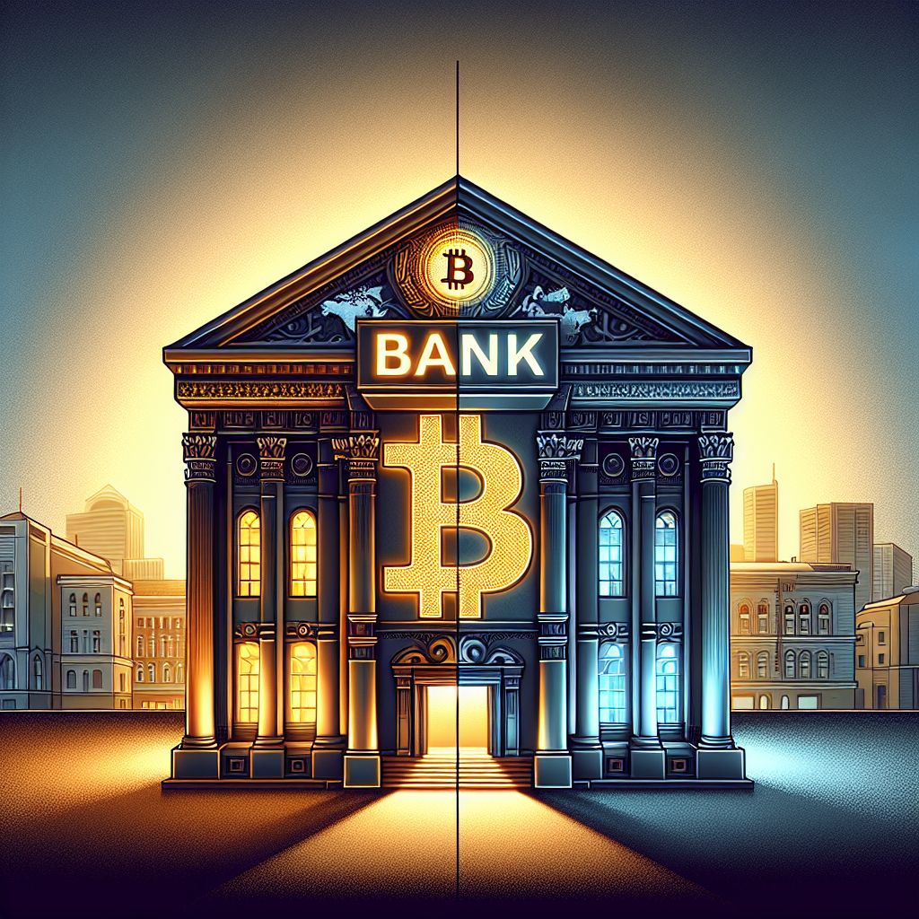 Certainly! Here’s a great SEO-optimized alt-text for your described image: **Alt-text:** Modern Russian bank building partially illuminated by a glowing Bitcoin symbol, representing careful adoption of cryptocurrency in traditional finance, overlaid with a subtle world map for global context; clean digital illustration with dynamic orange, dark blue, and midnight blue gradient background, ideal for fintech or financial regulation blog. Feel free to let me know if you’d like this tailored for a specific keyword or use case!