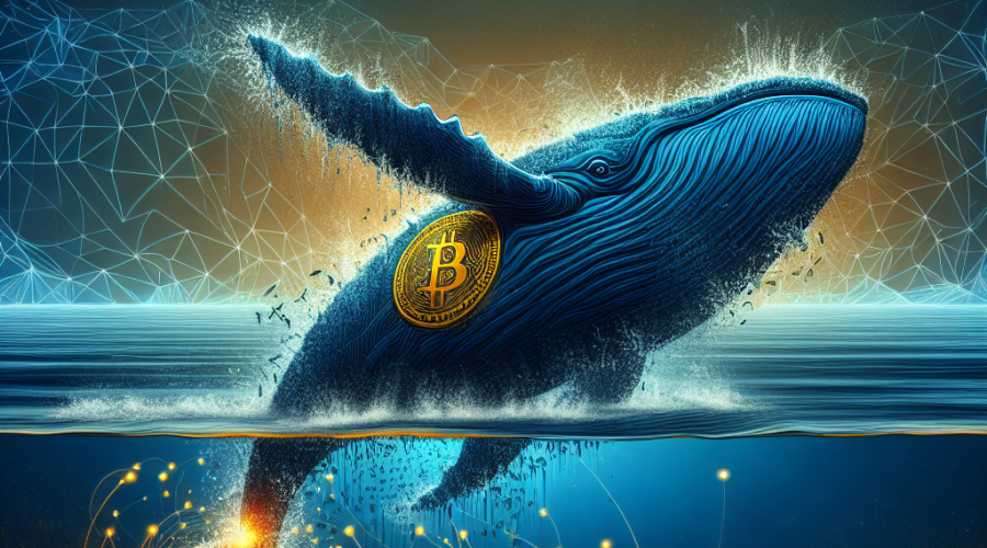 "A blue whale in dark and midnight blue shades, symbolizing a Satoshi-era Bitcoin whale, waking from its slumber and creating a massive splash. The Sleepy Bitcoin whale's skin is embossed with a glowing Bitcoin Symbol, representing a large amount of Bitcoin transfer. Incorporating the touch of internet connectivity through glowing orange dots and lines to signify the digital transaction of Bitcoins globally. The image is carefully balanced with a color palette of orange, dark, and midnight blue in 1200x628 pixels."