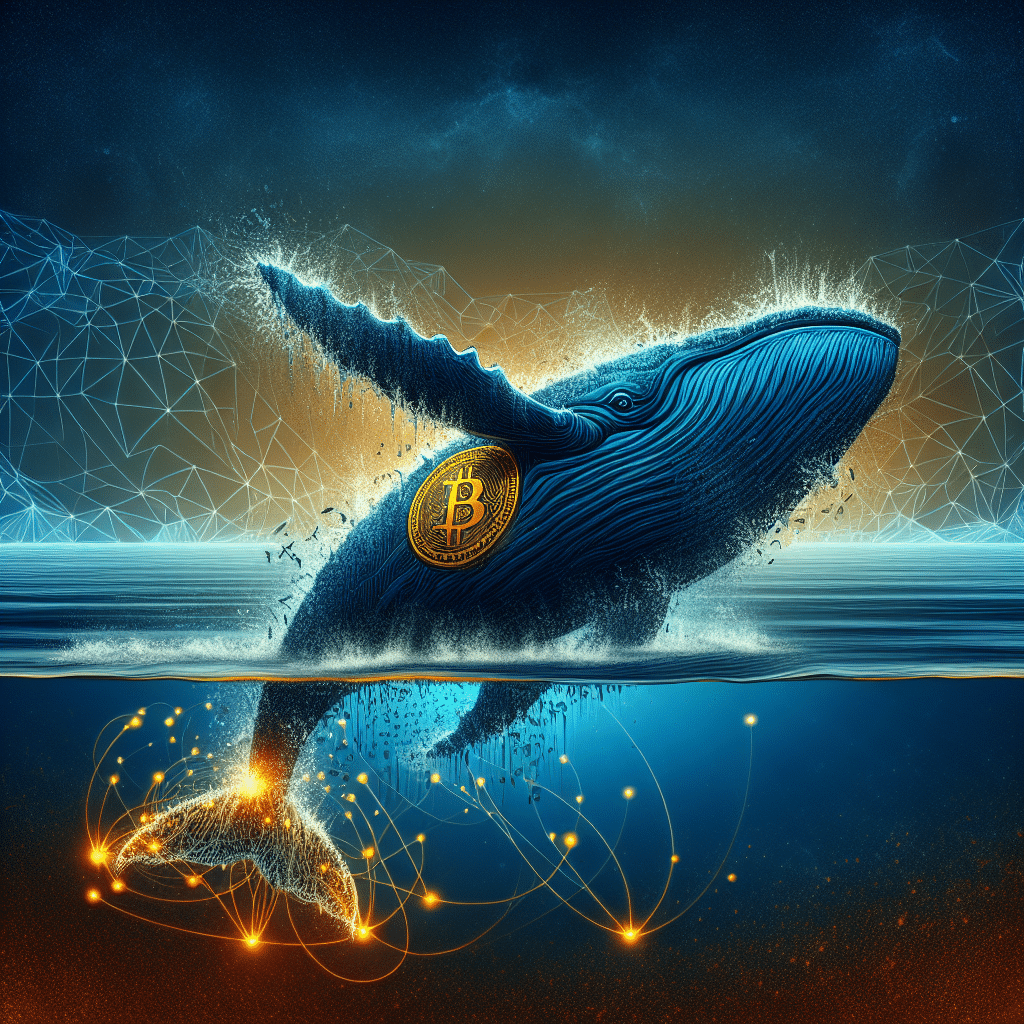 "A blue whale in dark and midnight blue shades, symbolizing a Satoshi-era Bitcoin whale, waking from its slumber and creating a massive splash. The Sleepy Bitcoin whale's skin is embossed with a glowing Bitcoin Symbol, representing a large amount of Bitcoin transfer. Incorporating the touch of internet connectivity through glowing orange dots and lines to signify the digital transaction of Bitcoins globally. The image is carefully balanced with a color palette of orange, dark, and midnight blue in 1200x628 pixels."