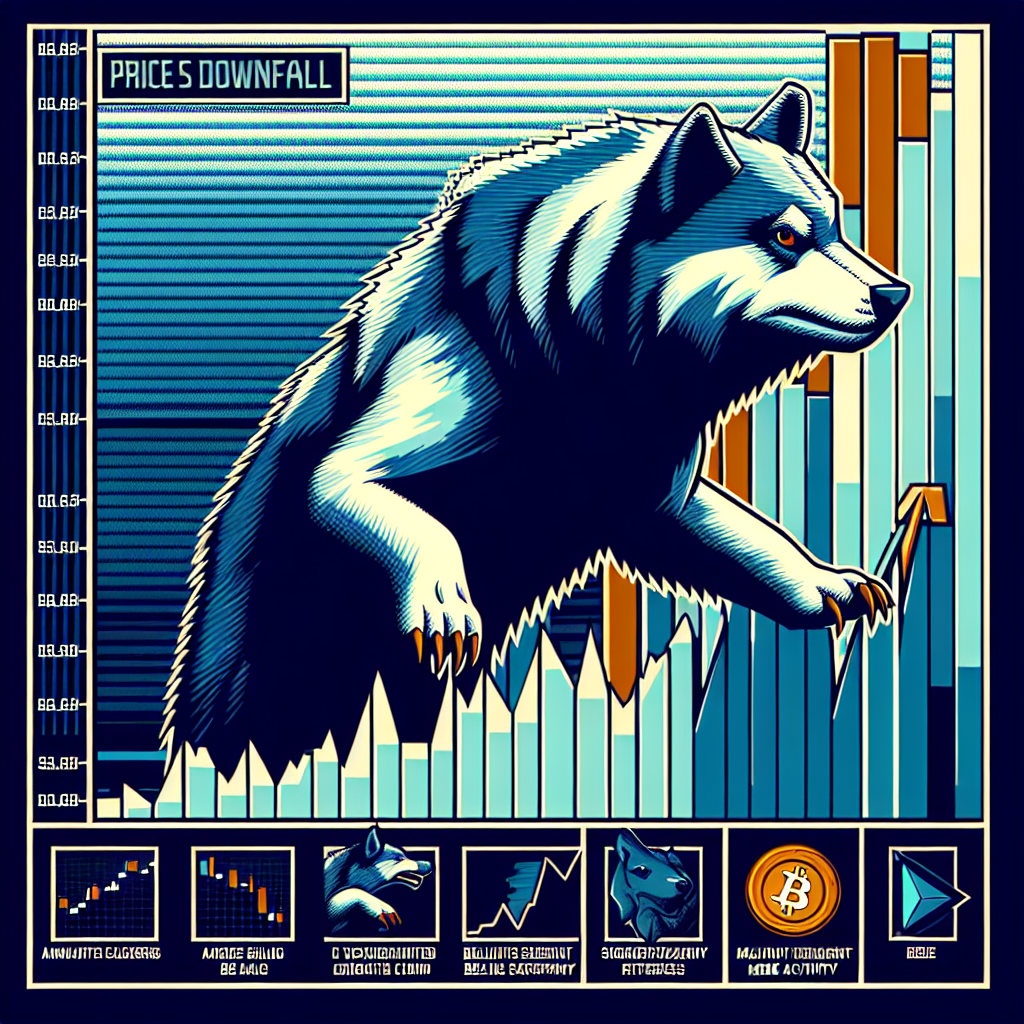 "Stylized bearish chart illustrating the descent of Shiba Inu cryptocurrency price on a dark blue background with prominent orange accents of our brand. Shiba Inu logo is clearly displayed alongside a visual representation of a whale reflecting intense sell-offs. Key text 'SHIB Price Downfall' is in a large, readable Midnight blue font. An unobtrusive Ethereum logo signifies Shiba Inu's status as the top Ethereum meme coin, all encapsulated in a professional, sleek design."