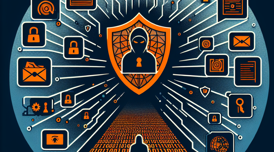 SEO-optimized alt-text: Stylized digital illustration of a data breach concept featuring a broken shield in the center with binary code pouring out, symbolizing compromised user information, surrounded by faint user profile icons, passports, and ID cards hinting at KYC data; includes a masked hacker silhouette in the shadows, computer network grids, and warning symbols, all designed in modern style using orange #FF9811, dark blue #000D43, and midnight blue #021B88, sized for a 1200 x 628 pixel WordPress blog post.