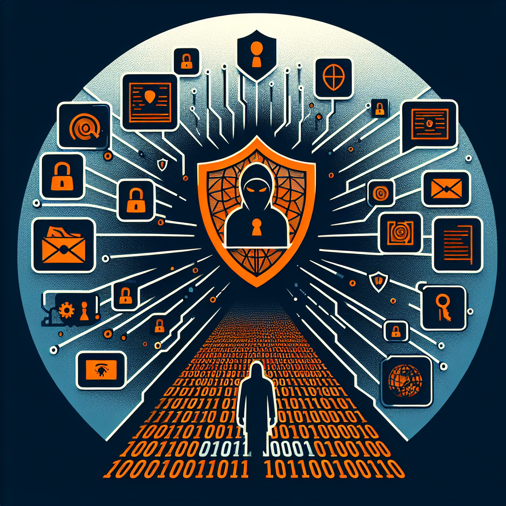 SEO-optimized alt-text: Stylized digital illustration of a data breach concept featuring a broken shield in the center with binary code pouring out, symbolizing compromised user information, surrounded by faint user profile icons, passports, and ID cards hinting at KYC data; includes a masked hacker silhouette in the shadows, computer network grids, and warning symbols, all designed in modern style using orange #FF9811, dark blue #000D43, and midnight blue #021B88, sized for a 1200 x 628 pixel WordPress blog post.