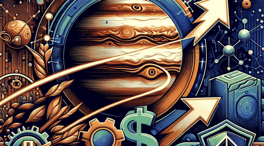 "Jupiter logo within Solana network imagery with lightning bolts and gears symbolizing tech upgrade, downward pointing arrow to a dollar sign representing lower transaction fees, enhanced shield indicating protection against sandwich attacks, all in a vibrant arrangement of Orange, Dark Blue and Midnight Blue, incorporating the caption 'Jupiter's Revolutionary Trading Engine - Ultra V3' in bold typography."