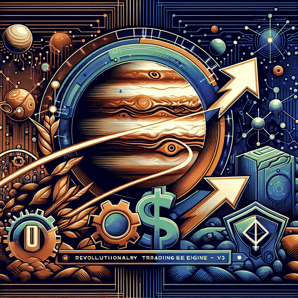 "Jupiter logo within Solana network imagery with lightning bolts and gears symbolizing tech upgrade, downward pointing arrow to a dollar sign representing lower transaction fees, enhanced shield indicating protection against sandwich attacks, all in a vibrant arrangement of Orange, Dark Blue and Midnight Blue, incorporating the caption 'Jupiter's Revolutionary Trading Engine - Ultra V3' in bold typography."