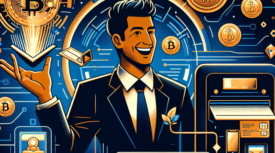 **SEO-optimized Alt Text:** Sleek, modern blog header image (1200x628) featuring a happy U.S. small business owner accepting a Bitcoin payment on a digital Square terminal, with golden Bitcoins flowing into a dashboard interface. Subtle icons represent traditional payment cards and mobile payments, illustrating seamless payment integration. Visual elements evoke financial innovation and digital empowerment, using Orange (#FF9811), Dark Blue (#000D43), and Midnight Blue (#021B88) for a cohesive, professional fintech look, symbolizing accessible cryptocurrency adoption in mainstream U.S. commerce.
