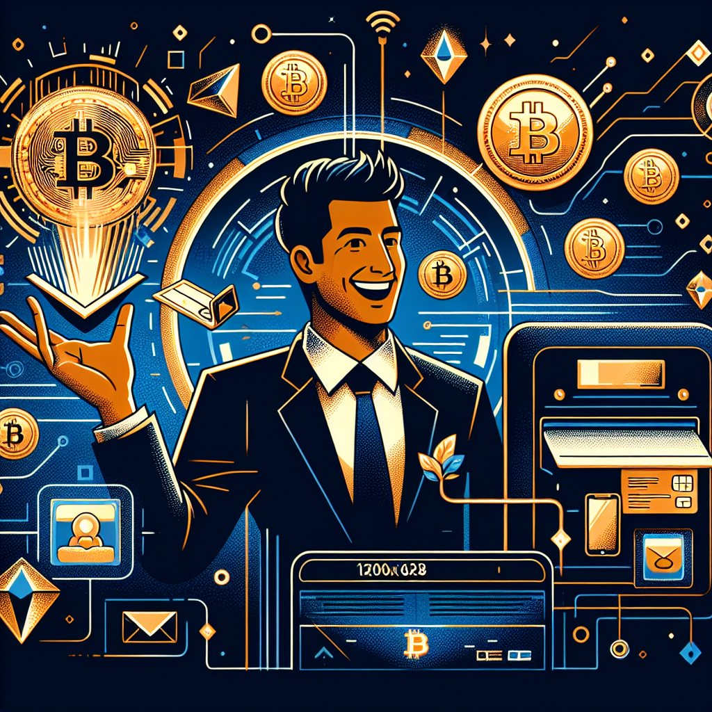 **SEO-optimized Alt Text:** Sleek, modern blog header image (1200x628) featuring a happy U.S. small business owner accepting a Bitcoin payment on a digital Square terminal, with golden Bitcoins flowing into a dashboard interface. Subtle icons represent traditional payment cards and mobile payments, illustrating seamless payment integration. Visual elements evoke financial innovation and digital empowerment, using Orange (#FF9811), Dark Blue (#000D43), and Midnight Blue (#021B88) for a cohesive, professional fintech look, symbolizing accessible cryptocurrency adoption in mainstream U.S. commerce.