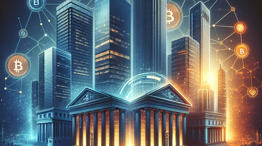 SEO-optimized Alt Text: A sleek, professional graphic sized 1200x628 pixels depicting the merging of skyscrapers and iconic bank buildings with digital blockchain elements, symbolizing major financial institutions adopting stablecoins and tokenization. Dynamic overlay effects show interconnected digital ledgers and stylized coins, all in brand colors vibrant orange (#FF9811), dark blue (#000D43), and midnight blue (#021B88), creating a futuristic, trustworthy atmosphere. The image represents innovation and transformation in global finance through the convergence of traditional banking and digital assets.