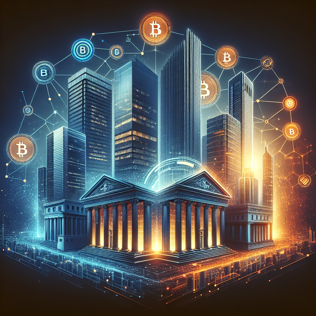 SEO-optimized Alt Text: A sleek, professional graphic sized 1200x628 pixels depicting the merging of skyscrapers and iconic bank buildings with digital blockchain elements, symbolizing major financial institutions adopting stablecoins and tokenization. Dynamic overlay effects show interconnected digital ledgers and stylized coins, all in brand colors vibrant orange (#FF9811), dark blue (#000D43), and midnight blue (#021B88), creating a futuristic, trustworthy atmosphere. The image represents innovation and transformation in global finance through the convergence of traditional banking and digital assets.
