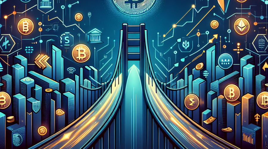 Sure! Here is a highly optimized SEO alt-text for the described image: **SEO Alt-Text:** Modern blog hero image showing a futuristic bridge connecting traditional finance and digital assets; left side features stock charts, banknotes, and Western Union branding, right side displays Bitcoin, Ethereum, stablecoins (USDT, USDC), and blockchain icons; glowing AI chip in center spotlight, with upward and downward market arrows, deep midnight blue and dark blue background, vibrant orange accents for tech-forward, institutional finance innovation theme. Let me know if you need a shorter or more branded version!