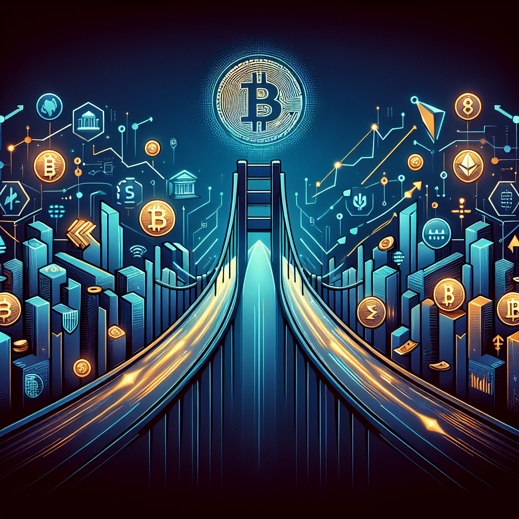 Sure! Here is a highly optimized SEO alt-text for the described image: **SEO Alt-Text:** Modern blog hero image showing a futuristic bridge connecting traditional finance and digital assets; left side features stock charts, banknotes, and Western Union branding, right side displays Bitcoin, Ethereum, stablecoins (USDT, USDC), and blockchain icons; glowing AI chip in center spotlight, with upward and downward market arrows, deep midnight blue and dark blue background, vibrant orange accents for tech-forward, institutional finance innovation theme. Let me know if you need a shorter or more branded version!