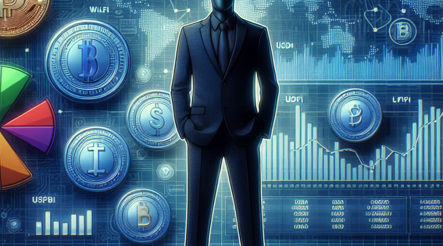 "Donald Trump analyzing performance charts of Trump-affiliated WLFI and USD1 cryptocurrencies. Image features various cryptocurrency symbols in brand colors #FF9811, #000D43, #021B88 on the backdrop and a digital screen. A strategic move indicating Trump's involvement in digital currency market."