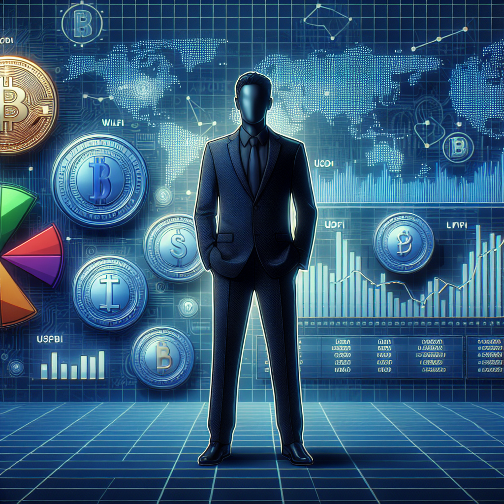 "Donald Trump analyzing performance charts of Trump-affiliated WLFI and USD1 cryptocurrencies. Image features various cryptocurrency symbols in brand colors #FF9811, #000D43, #021B88 on the backdrop and a digital screen. A strategic move indicating Trump's involvement in digital currency market."