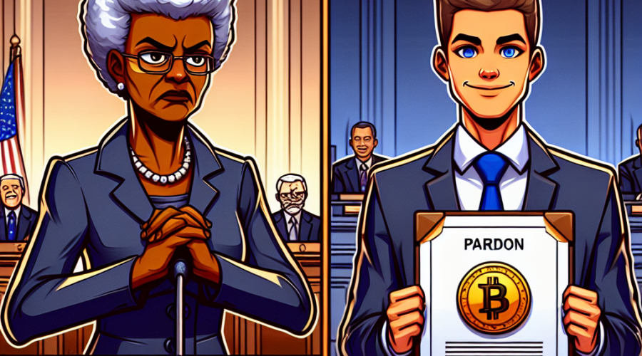 "Graphic illustration of Rep. Maxine Waters in stern expression denouncing a 'pardon' document opposite a pleased cartoon Donald Trump holding a golden seal with a Binance logo, set against a divided Congress background. Color scheme in brand's orange and dark blue with midnight blue highlights, portraying tension between political power and cryptocurrency industry. Size is 1200x628 pixels."