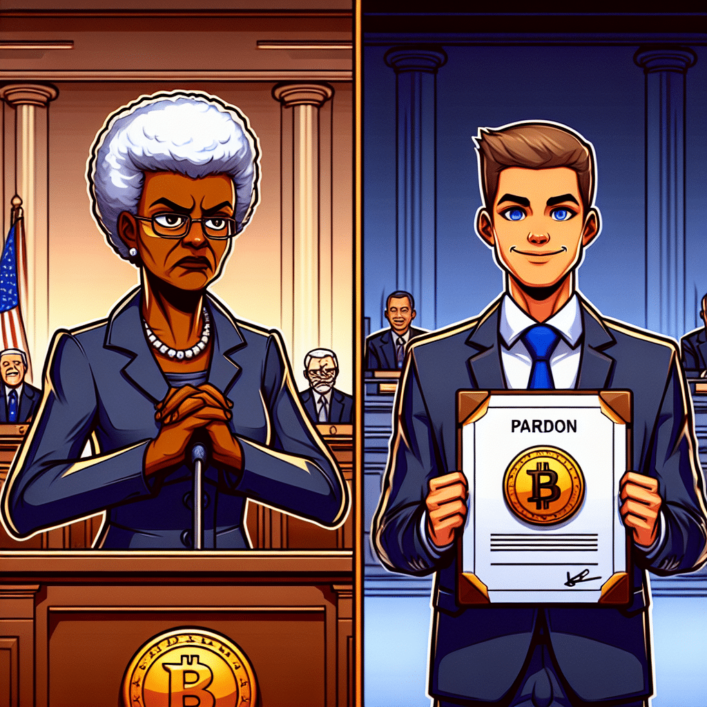 "Graphic illustration of Rep. Maxine Waters in stern expression denouncing a 'pardon' document opposite a pleased cartoon Donald Trump holding a golden seal with a Binance logo, set against a divided Congress background. Color scheme in brand's orange and dark blue with midnight blue highlights, portraying tension between political power and cryptocurrency industry. Size is 1200x628 pixels."