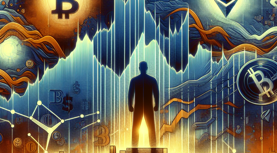 **SEO-optimized alt-text:** Dramatic digital illustration sized 1200 x 628 pixels showing a chaotic crypto market scene with sharply plunging stylized financial graphs, partially crumbling Bitcoin, Ethereum, and Solana coin icons, and waves of digital liquidation numbers; in the background, a subtle silhouette of Donald Trump making a bold announcement, alongside abstract motifs of trade barriers or tariffs; the artwork features brand colors orange (#FF9811), dark blue (#000D43), and midnight blue (#021B88) to convey urgency and turmoil in cryptocurrency markets.