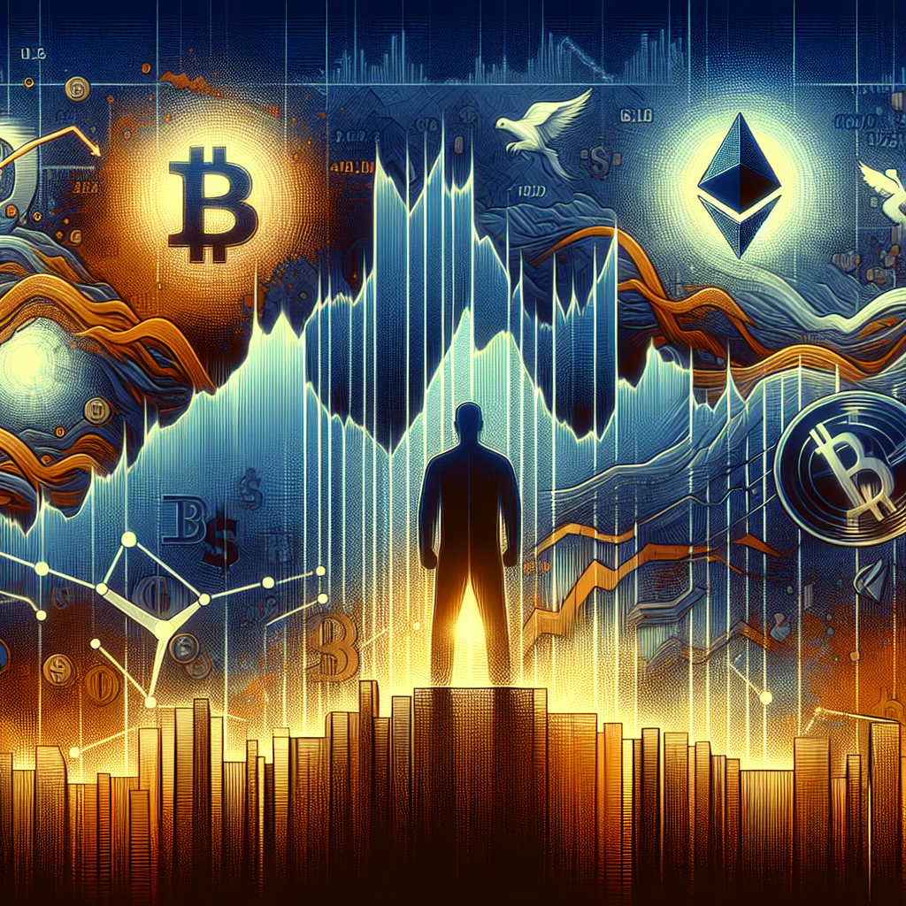 **SEO-optimized alt-text:** Dramatic digital illustration sized 1200 x 628 pixels showing a chaotic crypto market scene with sharply plunging stylized financial graphs, partially crumbling Bitcoin, Ethereum, and Solana coin icons, and waves of digital liquidation numbers; in the background, a subtle silhouette of Donald Trump making a bold announcement, alongside abstract motifs of trade barriers or tariffs; the artwork features brand colors orange (#FF9811), dark blue (#000D43), and midnight blue (#021B88) to convey urgency and turmoil in cryptocurrency markets.