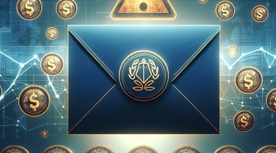 "Large HMRC-stamped envelope with scattered digital coins transforming into bright orange warning signs while HMRC logo subtly transitions into a deep midnight blue; faint figures in the background examining a sharp increase on a digital line graph, all set against a dark blue backdrop."