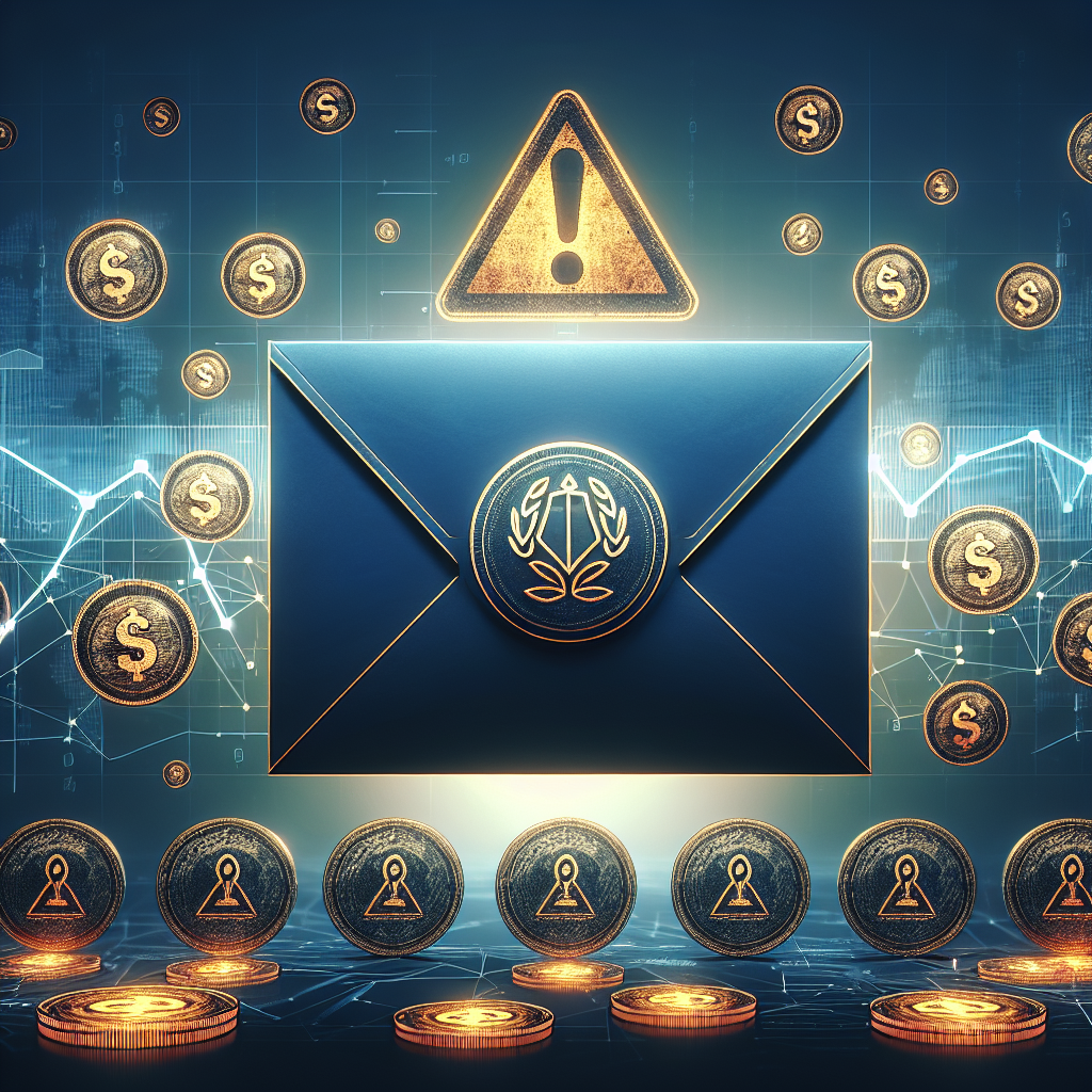 "Large HMRC-stamped envelope with scattered digital coins transforming into bright orange warning signs while HMRC logo subtly transitions into a deep midnight blue; faint figures in the background examining a sharp increase on a digital line graph, all set against a dark blue backdrop."