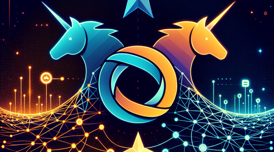 SEO Optimized Alt-Text: Digital illustration showcasing the union of Uniswap and Guidestar tech teams, featuring a glowing, intertwined unicorn and abstract guiding star above a dynamic DeFi network. Stylized blockchain nodes, AMM icons, and cross-chain connections highlight liquidity and scalability. The futuristic, sophisticated scene uses a color palette of orange (#FF9811), dark blue (#000D43), and midnight blue (#021B88), symbolizing innovation, decentralized finance, research, and advanced market design, sized perfectly for 1200 x 628 pixels.