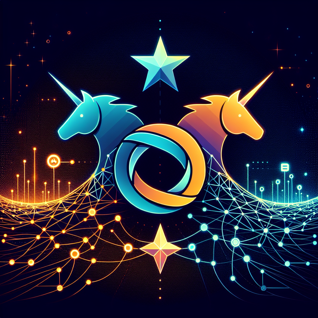 SEO Optimized Alt-Text: Digital illustration showcasing the union of Uniswap and Guidestar tech teams, featuring a glowing, intertwined unicorn and abstract guiding star above a dynamic DeFi network. Stylized blockchain nodes, AMM icons, and cross-chain connections highlight liquidity and scalability. The futuristic, sophisticated scene uses a color palette of orange (#FF9811), dark blue (#000D43), and midnight blue (#021B88), symbolizing innovation, decentralized finance, research, and advanced market design, sized perfectly for 1200 x 628 pixels.
