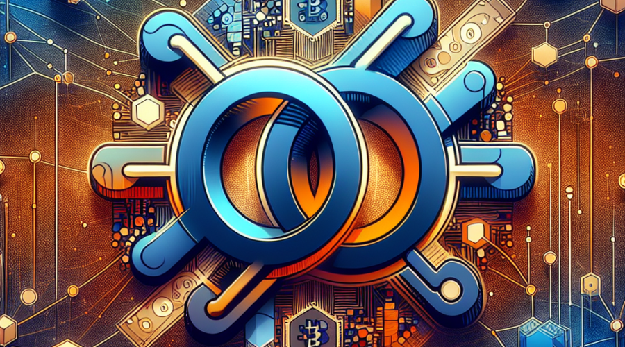 "Digital illustration featuring interconnected logos of Uniswap and Solana symbolizing their partnership in bridging and crosschain swaps. The image incorporates a harmonious color palette of Orange #FF9811, Dark Blue #000D43, and Midnight Blue #021B88, against a background of a decentralized digital network showcasing the essence of blockchain networks. Elements of dollar bills subtly incorporated in the backdrop symbolize the substantial trading volume of Solana and Uniswap. The composition highlights the equal importance of both Solana and Uniswap in partnership, optimized for a 1200 x 628 pixels resolution."