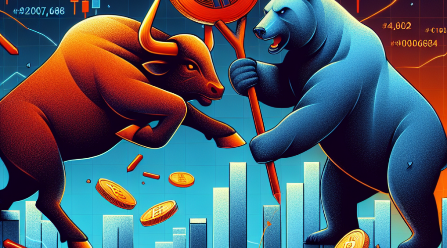 SEO-optimized alt-text for your image: Modern illustration showing a stylized orange bull and midnight blue bear, representing the US and China, engaged in a tug-of-war over a digital Bitcoin, set against a dark blue background with fluctuating crypto charts, red market candles, tangled wires, and dominos symbolizing liquidation cascades; subtle US and China flag elements and sharp geometric shapes emphasize the impact of geopolitical tensions on the cryptocurrency market.