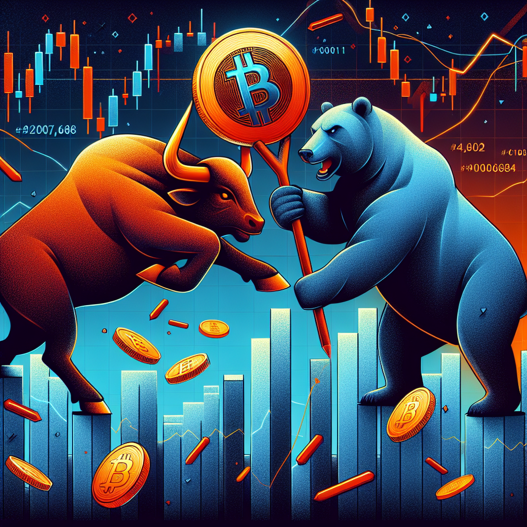 SEO-optimized alt-text for your image: Modern illustration showing a stylized orange bull and midnight blue bear, representing the US and China, engaged in a tug-of-war over a digital Bitcoin, set against a dark blue background with fluctuating crypto charts, red market candles, tangled wires, and dominos symbolizing liquidation cascades; subtle US and China flag elements and sharp geometric shapes emphasize the impact of geopolitical tensions on the cryptocurrency market.