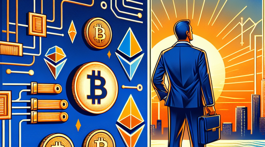 **SEO-focused Alt Text:** Digital illustration of a modern 401(k) retirement savings folder seamlessly blending with Bitcoin and Ethereum cryptocurrency symbols, set against a background accented with circuit and blockchain patterns. The design features bold orange, dark blue, and midnight blue colors, and includes a confident, diverse American worker gazing forward, representing secure and innovative future retirement investing, in a sleek contemporary fintech style.