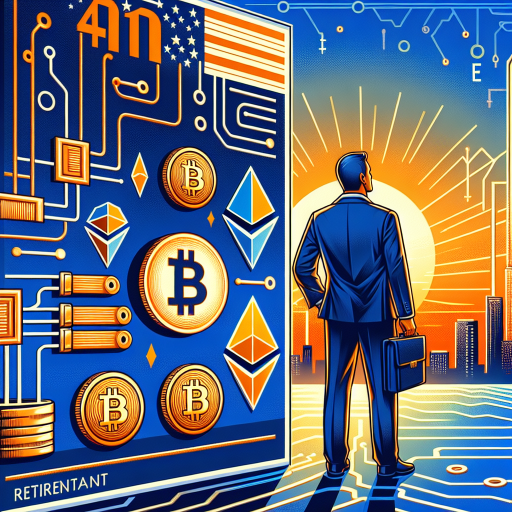 **SEO-focused Alt Text:** Digital illustration of a modern 401(k) retirement savings folder seamlessly blending with Bitcoin and Ethereum cryptocurrency symbols, set against a background accented with circuit and blockchain patterns. The design features bold orange, dark blue, and midnight blue colors, and includes a confident, diverse American worker gazing forward, representing secure and innovative future retirement investing, in a sleek contemporary fintech style.