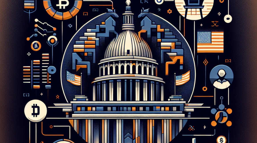**SEO Alt Text:** Digital illustration symbolizing new US cryptocurrency regulation, featuring stylized Ethereum and stablecoin icons merging with the Capitol dome and American flag imagery, overlaid with blockchain networks, DeFi symbols, bar charts, and handshake silhouettes; design uses bold orange (#FF9811), dark blue (#000D43), and midnight blue (#021B88) for a sleek, forward-looking, trustworthy vibe embodying innovation, legislation, and financial empowerment.