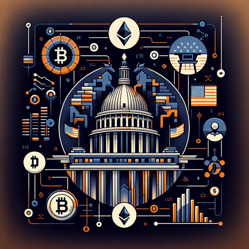 **SEO Alt Text:** Digital illustration symbolizing new US cryptocurrency regulation, featuring stylized Ethereum and stablecoin icons merging with the Capitol dome and American flag imagery, overlaid with blockchain networks, DeFi symbols, bar charts, and handshake silhouettes; design uses bold orange (#FF9811), dark blue (#000D43), and midnight blue (#021B88) for a sleek, forward-looking, trustworthy vibe embodying innovation, legislation, and financial empowerment.