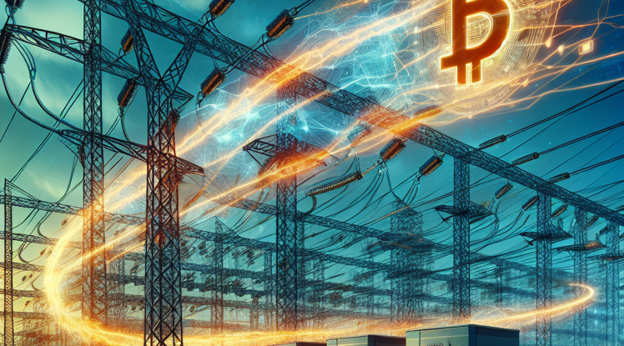 "High voltage electric grid filled with formations of intertwined power lines, network cables symbolizing Bitcoin mining rigs and AI data center energy demands. Orange (#FF9811) energy streams reflect the electricity flow. Twilight sky of midnight blue (#021B88) and dark blue (#000D43) set the backdrop. Text overlay 'Rapid Energy Connections: Powering Bitcoin and AI' on lower right corner."