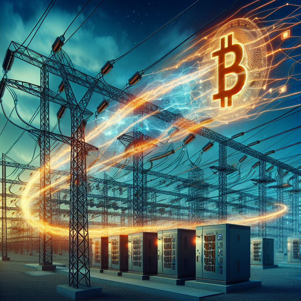 "High voltage electric grid filled with formations of intertwined power lines, network cables symbolizing Bitcoin mining rigs and AI data center energy demands. Orange (#FF9811) energy streams reflect the electricity flow. Twilight sky of midnight blue (#021B88) and dark blue (#000D43) set the backdrop. Text overlay 'Rapid Energy Connections: Powering Bitcoin and AI' on lower right corner."