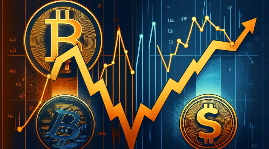 "Upward graph illustrating Bitcoin price rise and downward graph depicting US fiscal deficit decrease with Bitcoin and US dollar symbols overlaid respectively against dark to midnight blue gradient background. The centered text 'Bitcoin's outlook vs US fiscal picture' and the lower 'Trade Strategy: Turmoil or Triumph?' text in brand orange color."