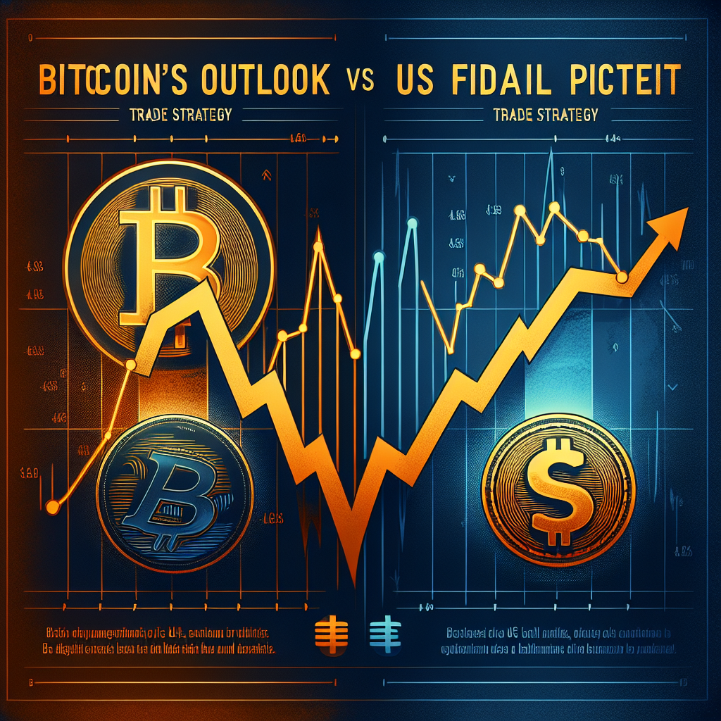 "Upward graph illustrating Bitcoin price rise and downward graph depicting US fiscal deficit decrease with Bitcoin and US dollar symbols overlaid respectively against dark to midnight blue gradient background. The centered text 'Bitcoin's outlook vs US fiscal picture' and the lower 'Trade Strategy: Turmoil or Triumph?' text in brand orange color."