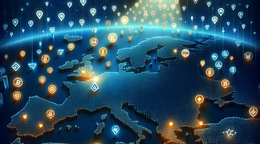 "European map in rich midnight blue showcasing multitude of crypto icons moving towards an energizing orange spotlight marked 'ETP' on Sweden, under a dark blue sky featuring the word 'SKY' created by coding symbols; '100' milestone symbol highlights the 100th ETP by Valour Inc."