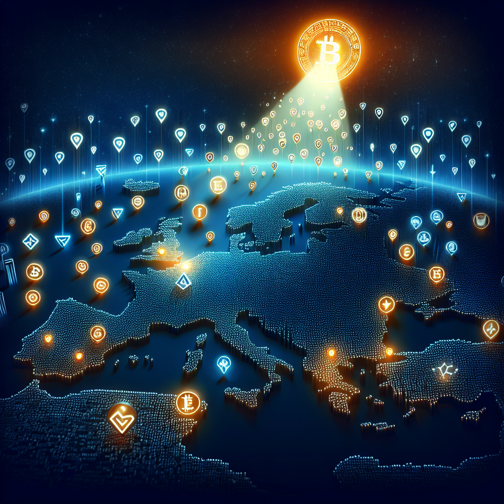 "European map in rich midnight blue showcasing multitude of crypto icons moving towards an energizing orange spotlight marked 'ETP' on Sweden, under a dark blue sky featuring the word 'SKY' created by coding symbols; '100' milestone symbol highlights the 100th ETP by Valour Inc."
