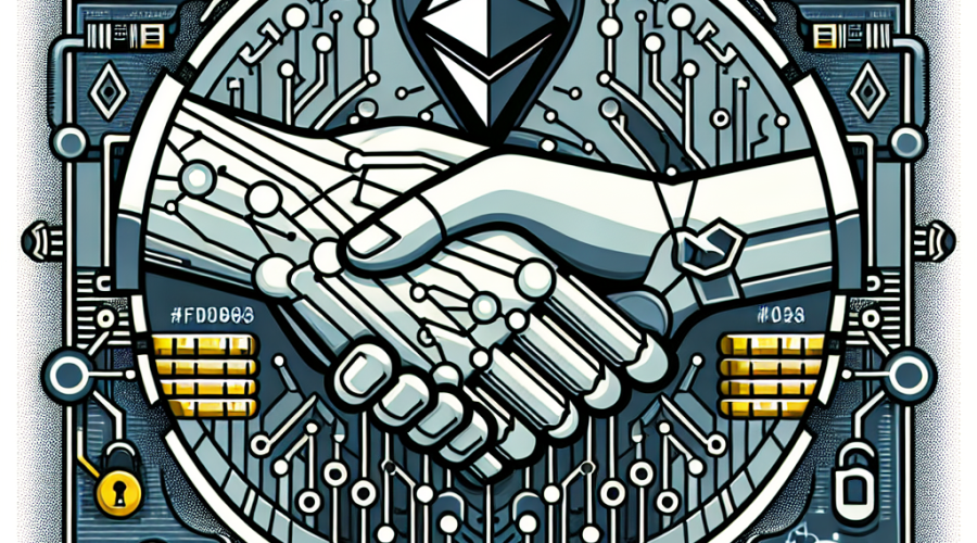 Sure! Here’s a great SEO-focused alt-text for the described image: "Digital illustration showing a symbolic handshake between a robotic AI hand and a geometric blockchain network with interconnected nodes and Ethereum logos, set against a modern background in brand colors #FF9811, #000D43, and #021B88. Surrounding the central image are cryptographic proofs, secure lock icons, and abstract trading graphs, visually representing the convergence of artificial intelligence and blockchain technology, emphasizing innovation, security, trust, and the future of programmable digital autonomy."