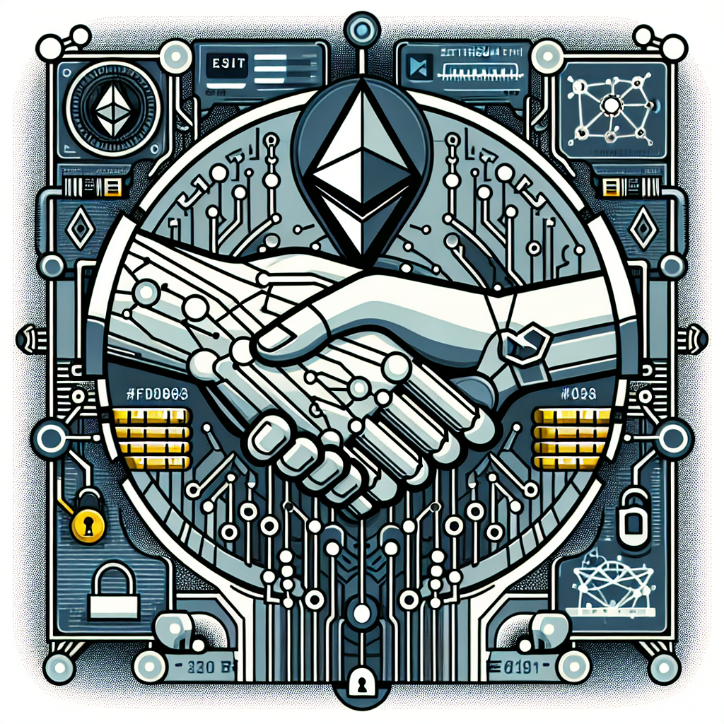 Sure! Here’s a great SEO-focused alt-text for the described image: "Digital illustration showing a symbolic handshake between a robotic AI hand and a geometric blockchain network with interconnected nodes and Ethereum logos, set against a modern background in brand colors #FF9811, #000D43, and #021B88. Surrounding the central image are cryptographic proofs, secure lock icons, and abstract trading graphs, visually representing the convergence of artificial intelligence and blockchain technology, emphasizing innovation, security, trust, and the future of programmable digital autonomy."