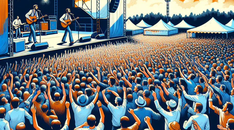 Sure! Here is a great SEO-focused alt-text for your described image: **Alt-text:** "Vibrant outdoor music festival scene with a diverse crowd enjoying a live concert on a large stage, featuring a dynamic performer inspired by Noize MC. The festival atmosphere showcases inclusivity and community, with people celebrating together among colorful banners, tents, and communal activities. The image uses a festive color palette of bright orange (#FF9811), dark blue (#000D43), and midnight blue (#021B88), creating classic music festival vibes and a welcoming environment. Sized 1200 x 628 pixels."