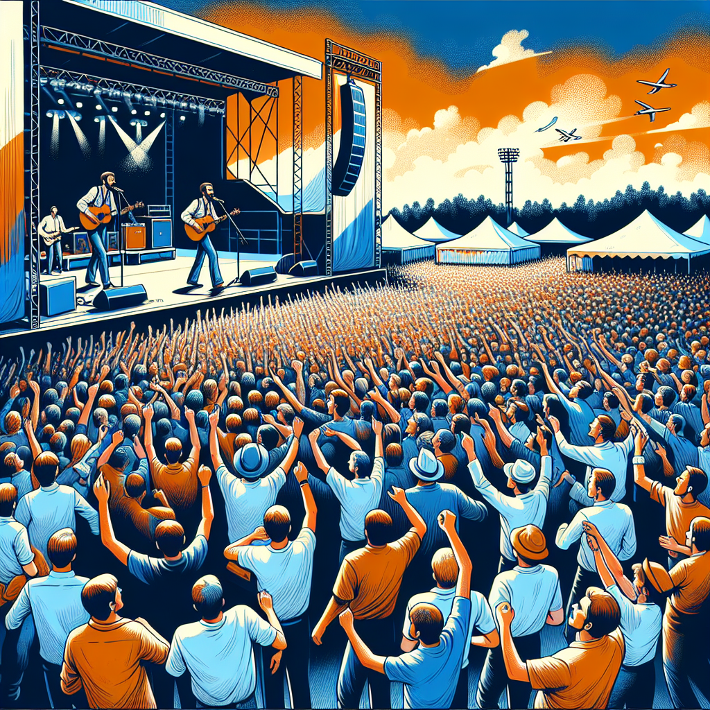 Sure! Here is a great SEO-focused alt-text for your described image: **Alt-text:** "Vibrant outdoor music festival scene with a diverse crowd enjoying a live concert on a large stage, featuring a dynamic performer inspired by Noize MC. The festival atmosphere showcases inclusivity and community, with people celebrating together among colorful banners, tents, and communal activities. The image uses a festive color palette of bright orange (#FF9811), dark blue (#000D43), and midnight blue (#021B88), creating classic music festival vibes and a welcoming environment. Sized 1200 x 628 pixels."