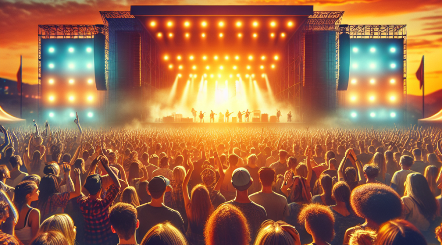 **SEO Alt-Text:** Vibrant festival scene at sunset with a lively crowd enjoying a concert, dynamic stage lights in orange, dark blue, and midnight blue illuminating the stage. The modern, polished illustration emphasizes togetherness, authentic human connection, and communal excitement, reflecting a global event without digital or crypto elements—just pure live music and classic atmosphere. 1200 x 628 pixel professionally designed festival image.