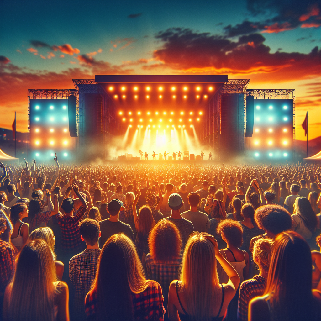 **SEO Alt-Text:** Vibrant festival scene at sunset with a lively crowd enjoying a concert, dynamic stage lights in orange, dark blue, and midnight blue illuminating the stage. The modern, polished illustration emphasizes togetherness, authentic human connection, and communal excitement, reflecting a global event without digital or crypto elements—just pure live music and classic atmosphere. 1200 x 628 pixel professionally designed festival image.