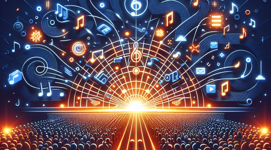 **SEO-Friendly Image Alt Text:** Modern, visually engaging illustration for a WordPress blog post about blockchain transparency in the music industry featuring Viberate. The 1200 x 628 pixel image shows a glowing blockchain network seamlessly connected with music elements like sound waves, streaming icons, musical notes, and a stylized concert stage. Subtle icons represent artist payments and royalty flows, highlighting direct-to-artist empowerment. The design uses vibrant orange (#FF9811) highlights and a dark blue (#000D43) and midnight blue (#021B88) background to create an innovative, tech-forward vibe that illustrates how blockchain is transforming live music and royalty transparency.