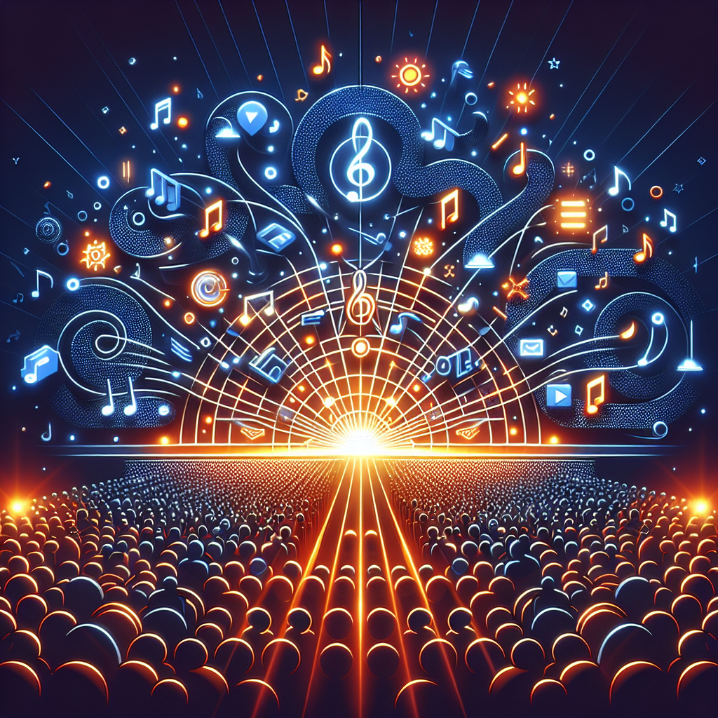 **SEO-Friendly Image Alt Text:** Modern, visually engaging illustration for a WordPress blog post about blockchain transparency in the music industry featuring Viberate. The 1200 x 628 pixel image shows a glowing blockchain network seamlessly connected with music elements like sound waves, streaming icons, musical notes, and a stylized concert stage. Subtle icons represent artist payments and royalty flows, highlighting direct-to-artist empowerment. The design uses vibrant orange (#FF9811) highlights and a dark blue (#000D43) and midnight blue (#021B88) background to create an innovative, tech-forward vibe that illustrates how blockchain is transforming live music and royalty transparency.