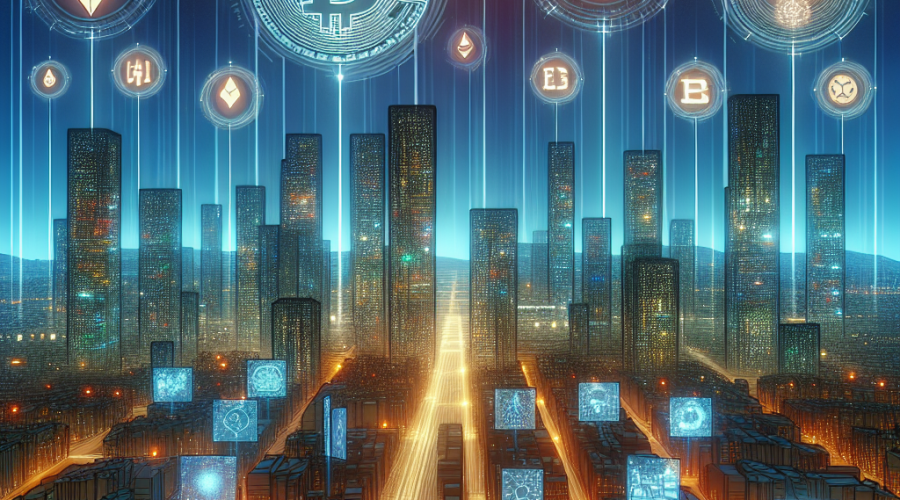 "Futuristic blockchain city skyline illuminated in brand colours orange and dark blue, featuring holographic representation of crypto projects, 'Akon City' and 'Satoshi Island'. Vanishing point path includes key elements such as 'transparency', 'AI infrastructure', and 'government regulations' highlighting complexities of crypto city establishment."