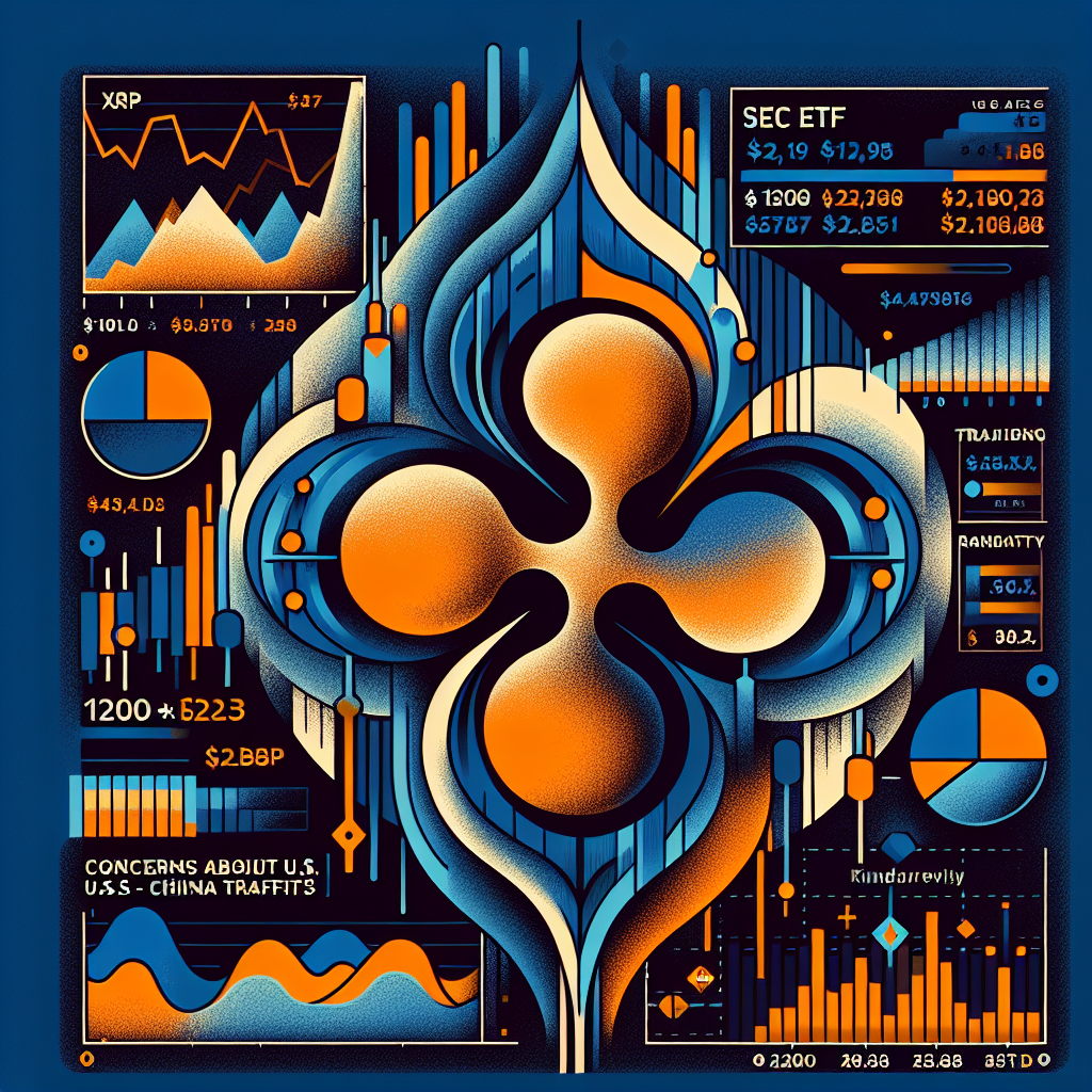 "Graphic illustrating the fluctuation of XRP cryptocurrency value between .19 and .35 amid SEC ETF deadlines and U.S.-China tariff fears; featuring Ripples' B fundraising initiative, set against a backdrop of trading volatility and market analysis charts in brand colors Orange #FF9811, Dark Blue #000D43 and Midnight Blue #021B88, size 1200 x 628 pixels."