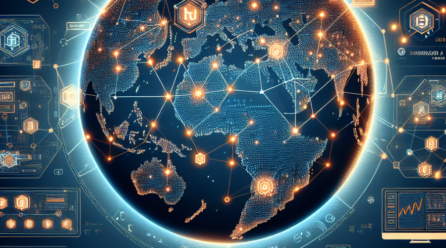 "XXKK Exchange digital trading platform displayed on a futuristic global map. The map shows a network connection between various countries, featuring Singapore. The design is enhanced with blockchain-inspired visuals like glowing dotted lines, nodes, and circuitry in brand colours, Orange #FF9811 and Dark Blue #000D43, set against a Midnight Blue #021B88 backdrop. Image highlights the concept of secure online trading at TOKEN2049 Singapore in sophisticated, modern typography."