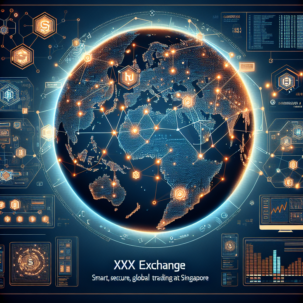 "XXKK Exchange digital trading platform displayed on a futuristic global map. The map shows a network connection between various countries, featuring Singapore. The design is enhanced with blockchain-inspired visuals like glowing dotted lines, nodes, and circuitry in brand colours, Orange #FF9811 and Dark Blue #000D43, set against a Midnight Blue #021B88 backdrop. Image highlights the concept of secure online trading at TOKEN2049 Singapore in sophisticated, modern typography."